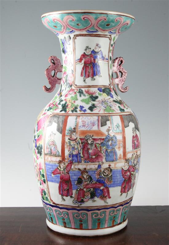 A Chinese Canton-decorated famille rose baluster vase, mid 19th century, 42.5cm, body crack